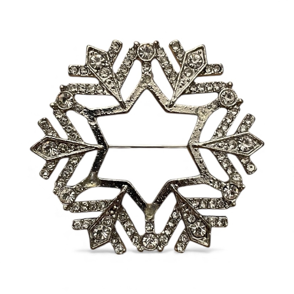 Snowflake Brooch Pin Rhinestone Silver Tone Elegant‎ Simplistic Christmas Winter